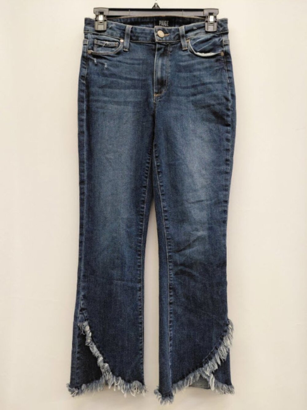 PAIGE Colette Crop Flare Jeans Medium Blue Wash Distressed Fringe Hem Size 27